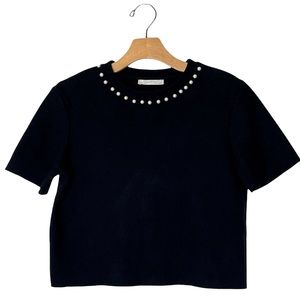 Zara Trafaluc Black Short Sleeve Sweater w/Crew Neck & Pearl Accents Size M
